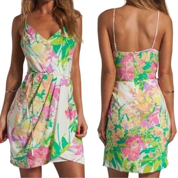 Revolves Yumi Kim Jayne Mini Wrap Dress L White Pink Floral Tie Waist Tropical - Picture 1 of 13